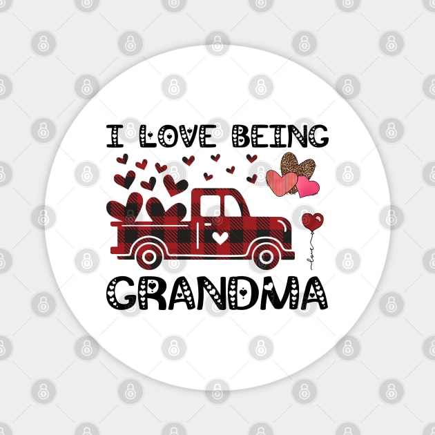 I Love Being Grandma Red Plaid Truck Hearts Valentine's Day Magnet by DragonTees